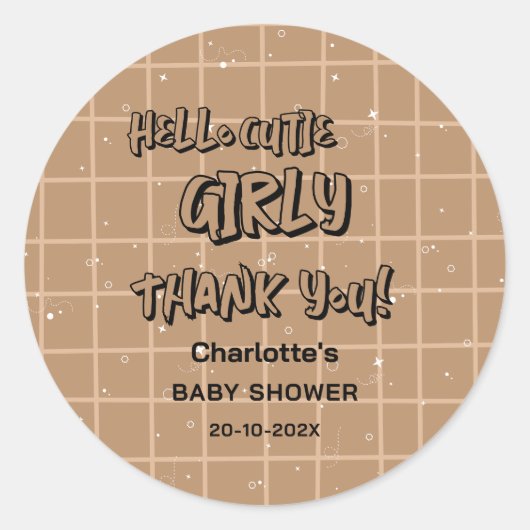 Hello Cutie Girly Cute Brown Gingham Baby Shower ラウンドシール (正面)