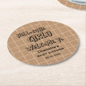 Hello Cutie Girly Cute Brown Gingham Baby Shower ラウンドペーパーコースター (アングル)