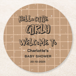 Hello Cutie Girly Cute Brown Gingham Baby Shower ラウンドペーパーコースター