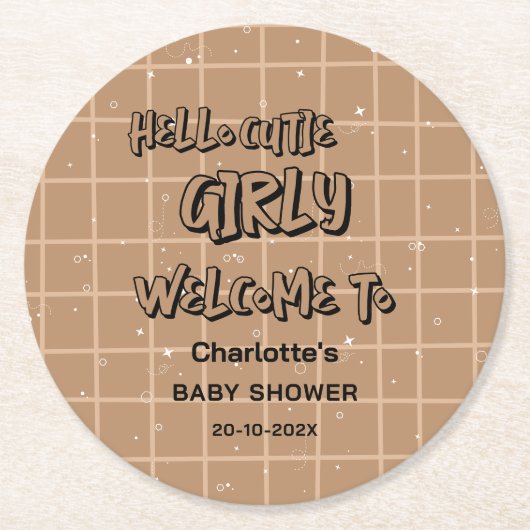 Hello Cutie Girly Cute Brown Gingham Baby Shower ラウンドペーパーコースター (正面)