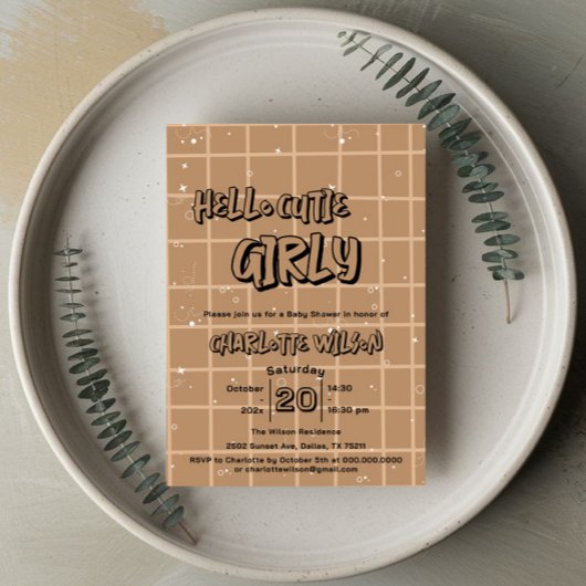 Hello Cutie Girly Cute Brown Gingham Baby Shower 招待状