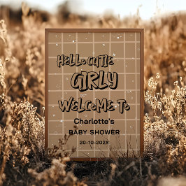 Hello Cutie Girly Cute Brown Gingham Baby Welcome ポスター