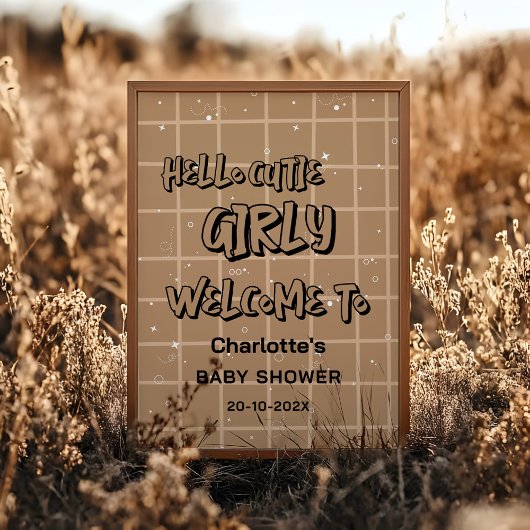 Hello Cutie Girly Cute Brown Gingham Baby Welcome ポスター