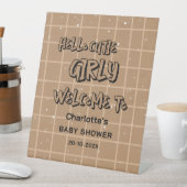 Hello Cutie Girly Cute Brown Gingham Baby Welcome 台座サイン (インサイチュ)