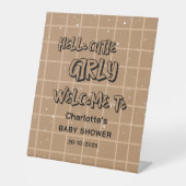 Hello Cutie Girly Cute Brown Gingham Baby Welcome 台座サイン (正面)
