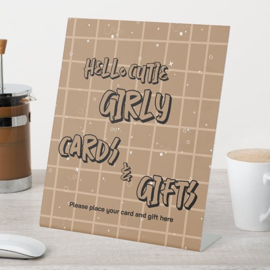 Hello Cutie Girly Cute Brown Gingham Cards & Gifts 台座サイン (インサイチュ)