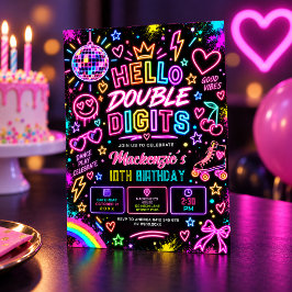 Hello Double Digits: レトロネオンの輝き 10歳の誕生日 招待状