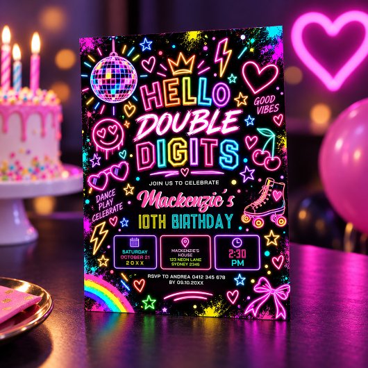 Hello Double Digits: レトロネオンの輝き 10歳の誕生日 招待状