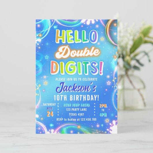 Hello Double Digits Neon Glow Boy 10th Birthday 招待状 (スタンド正面)