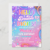 Hello Double Digits Neon Glow Girl 10th Birthday 招待状 (正面)