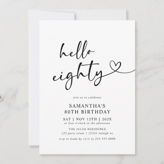 Hello Eighty Black and White 80th Birthday Party 招待状 (正面)