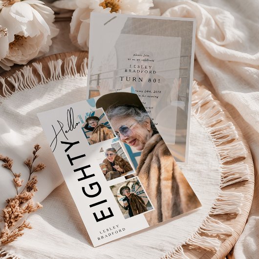 Hello EIGHTY' Modern Photo Collage 80th Birthday 招待状