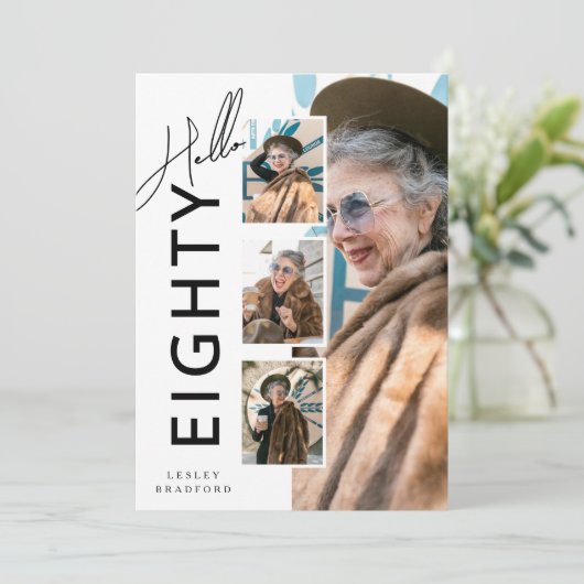Hello EIGHTY' Modern Photo Collage 80th Birthday 招待状 (スタンド正面)