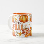 "Hello Fall" カボチャと葉の陶器マグ ツートーンマグカップ (正面左)