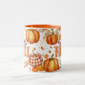 "Hello Fall" カボチャと葉の陶器マグ ツートーンマグカップ (中央)