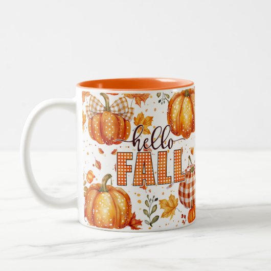 "Hello Fall" カボチャと葉の陶器マグ ツートーンマグカップ (左)