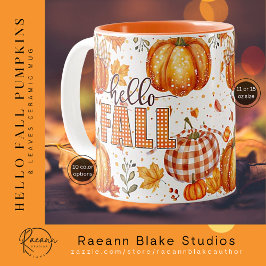 "Hello Fall" カボチャと葉の陶器マグ ツートーンマグカップ