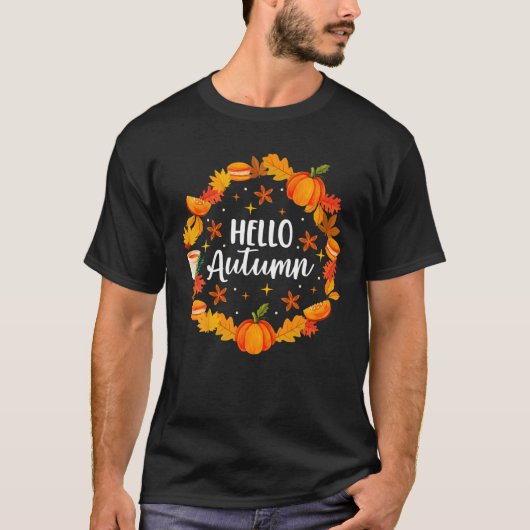Hello Fall Falling Autumn Leaves Cute Botanic Foli Tシャツ (正面)