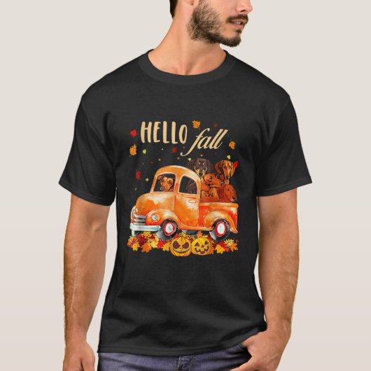 Hello Fall Funny Dachshund  Halloween pumkin  Tシャツ (正面)