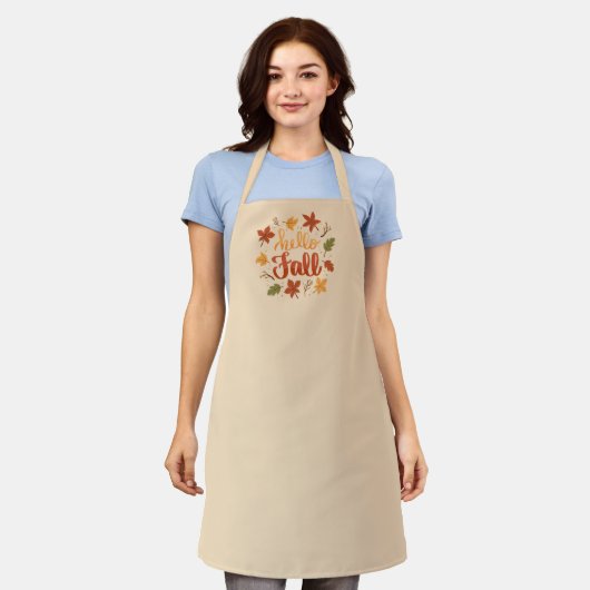 Hello Fall Kitchen Apron with Autumn Leaves エプロン (着用した状態)