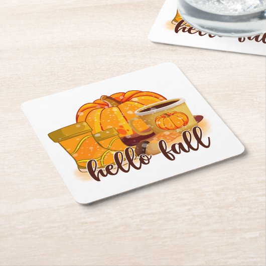 Hello Fall Pumpkin & Boots Coaster スクエアペーパーコースター (アングル)