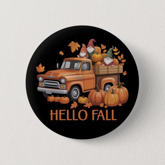 Hello Fall Pumpkin Pickup Truck Gnome Autumn Tree  缶バッジ (正面)