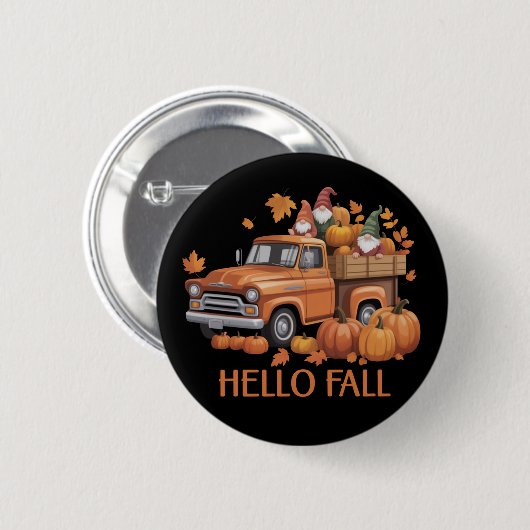 Hello Fall Pumpkin Pickup Truck Gnome Autumn Tree  缶バッジ (正面&裏面)