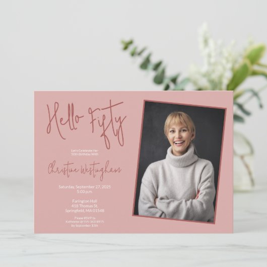 Hello Fifitty Pink写真50th誕生日 招待状 (スタンド正面)