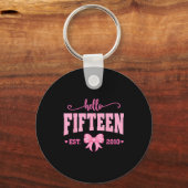 Hello Fifteen Est 2010 Coquette Bow 15th Birthday  キーホルダー (正面)