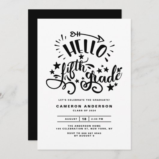 Hello Fifthグレード |ブラック4年生の卒業 招待状 (正面/裏面)