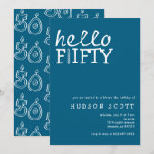 Hello Fifty 50th Birthday Party モダン Blue 招待状 (正面/裏面)