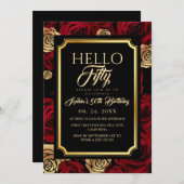 Hello Fifty Black Burgundy Rose Birthday 招待状 (正面/裏面)