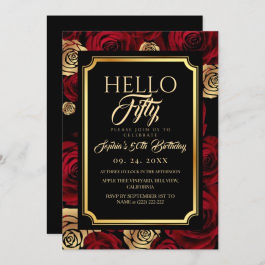 Hello Fifty Black Burgundy Rose Birthday 招待状 (正面/裏面)