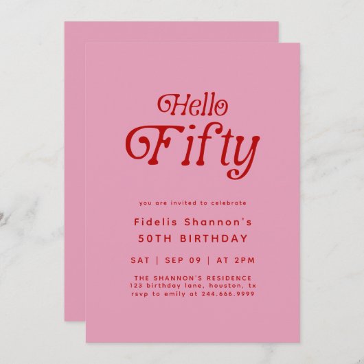 Hello Fifty Modern Retro 50th Birthday  招待状 (正面/裏面)