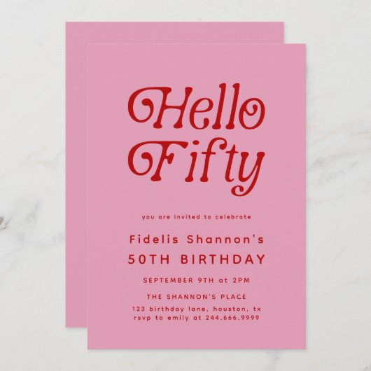 Hello Fifty Modern Retro 50th Birthday  招待状 (正面/裏面)