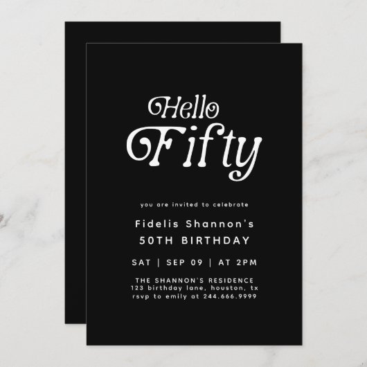 Hello Fifty Modern Retro 50th Birthday  招待状 (正面/裏面)