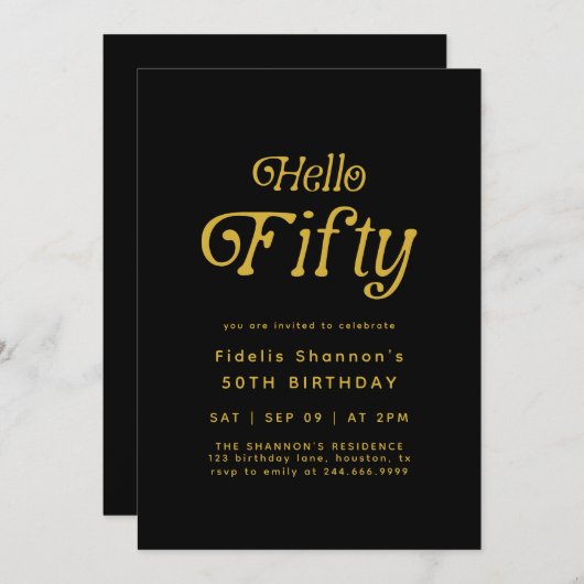 Hello Fifty Modern Retro 50th Birthday  招待状 (正面/裏面)