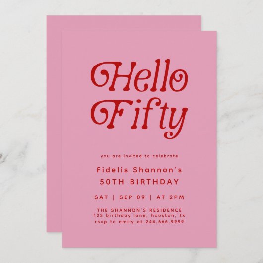 Hello Fifty Modern Retro 50th Birthday  招待状 (正面/裏面)