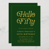 Hello Fifty Modern Retro Green and Gold birthday 招待状 (正面/裏面)