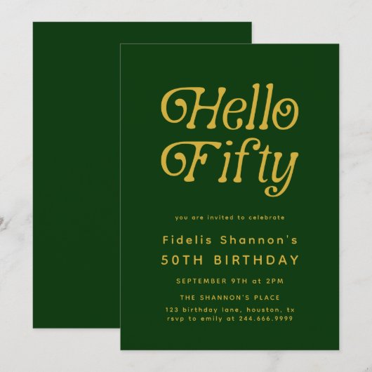 Hello Fifty Modern Retro Green and Gold birthday 招待状 (正面/裏面)