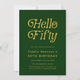 Hello Fifty Modern Retro Green and Gold birthday 招待状