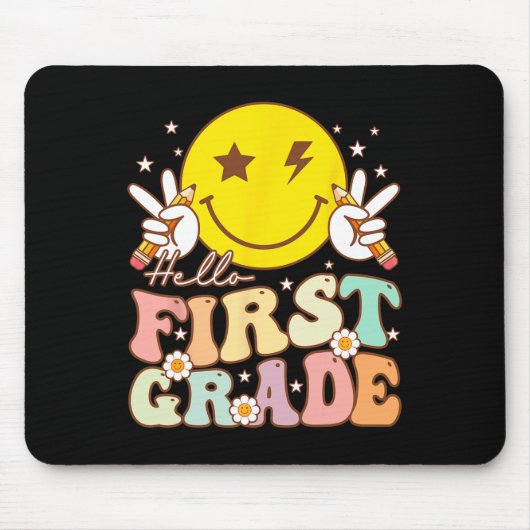 Hello First Gradeヒッピースマイル顔First Grade Back マウスパッド (正面)
