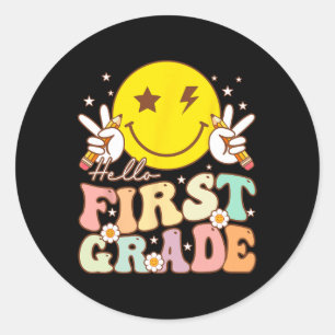 Hello First Gradeヒッピースマイル顔First Grade Back ラウンドシール