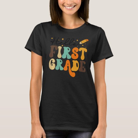 HELLO FIRST GRADE先生キッズ新学期RETR Tシャツ (正面)