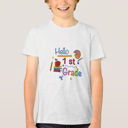 Hello First Grade – かわいい新学期デザイン トライブレンドＴシャツ (正面)