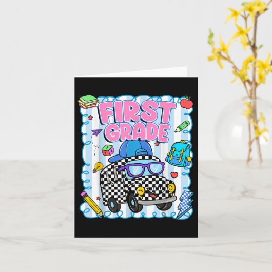 Hello First Grade Bus School Teacher Student Back  カード (黄色い花)