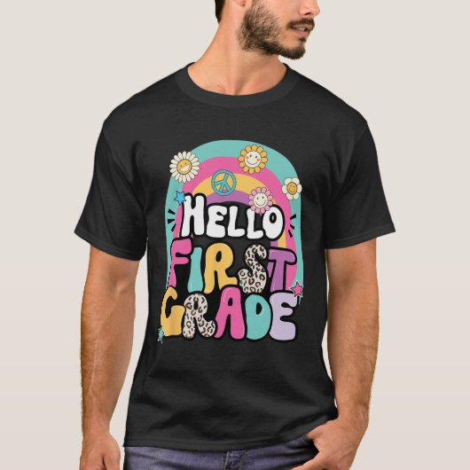 Hello First Grade Byck To School Teacher First Day Tシャツ (正面)