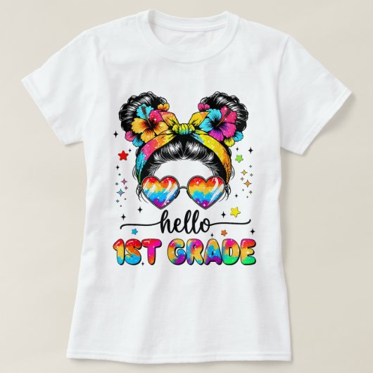 Hello First Grade Teacher Coquette Pencil Bow Tシャツ (デザイン正面)