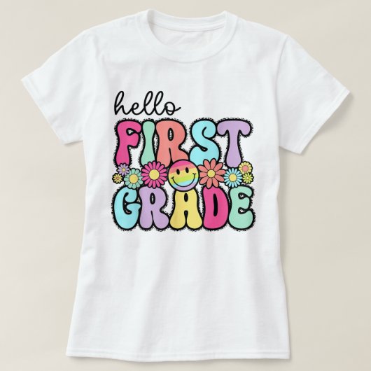 Hello First Grade Teacher Coquette Pencil Bow Tシャツ (デザイン正面)