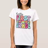 Hello First Grade Teacher Coquette Pencil Bow Tシャツ (正面)